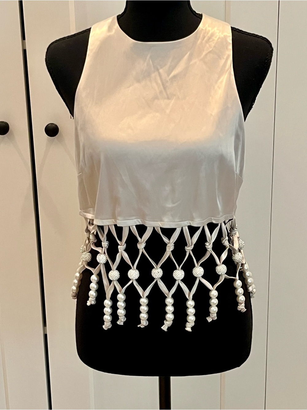 NWT AKIRA Ivory Satin Crop Top w/ Knotted Pearl/Rhinestone Fringe Bold Elegant